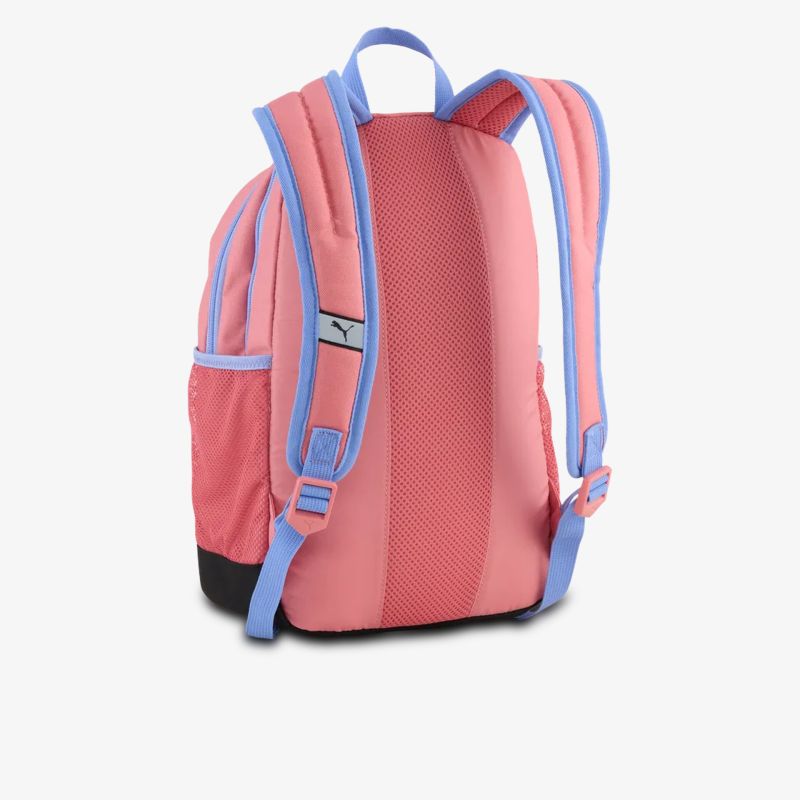 Rückansicht eines robusten und bequemen Rucksacks mit gepolsterten Trägern und modernem Design in korallenrot