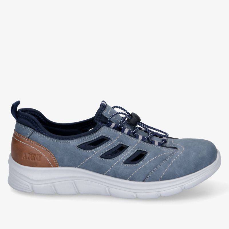 Leichter, bequemer Freizeitschuh mit atmungsaktivem Material und rutschfester flexibler Sohle in sportlichem Design seitlich gezeigt