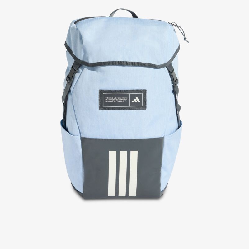 Moderner hellblauer Rucksack mit funktionalem Design und auffälligen weißen Streifen vorne