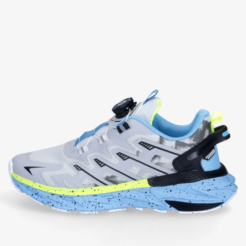 Moderner leichter Sportschuh in Grau mit blau-neon Details, gepolsterte Sohle, optimale Dämpfung und rutschfeste Laufsohle