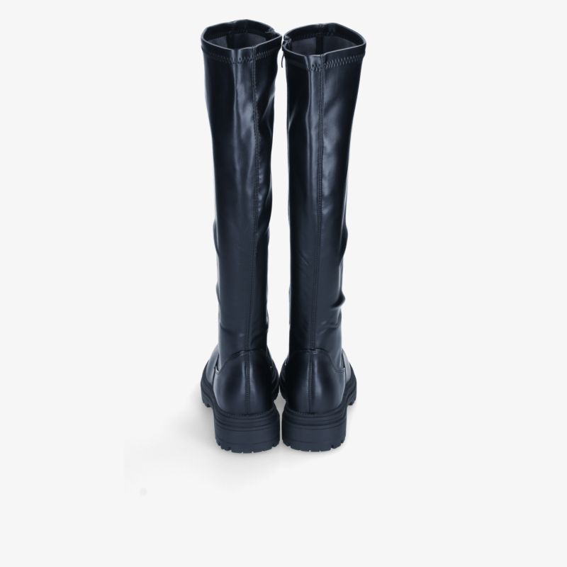 Schwarzer hoher Stiefel aus Leder mit Reißverschluss, stabil und modisch, Rückansicht