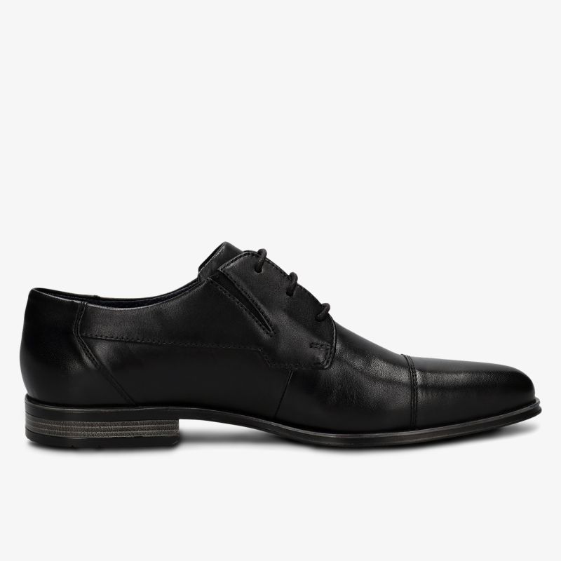 Eleganter schwarzer Lederschuh mit spitzer Form und feiner Schnürung, perfekte Seitenansicht für stilbewusste Looks