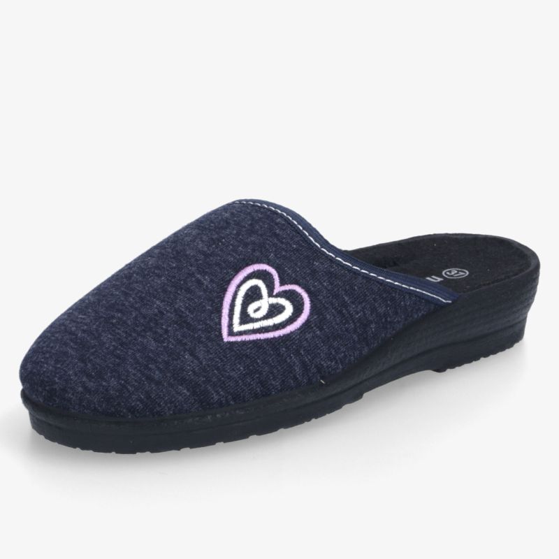 Bequemer dunkelblauer Pantoffel mit weichem Material und rutschfester Sohle, verziert mit einem Herzmotiv