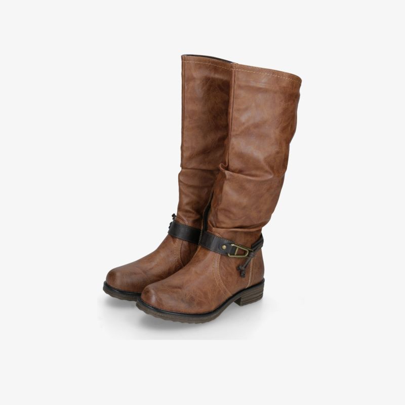 Braune Stiefel mit hohem Schaft und Schnalle, komfortabel und robust, flacher Absatz für Alltagstauglichkeit
