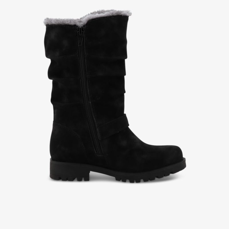 Schwarzer Winterstiefel aus weichem Wildleder mit warmem Futter und robuster rutschfester Sohle in seitlicher Ansicht