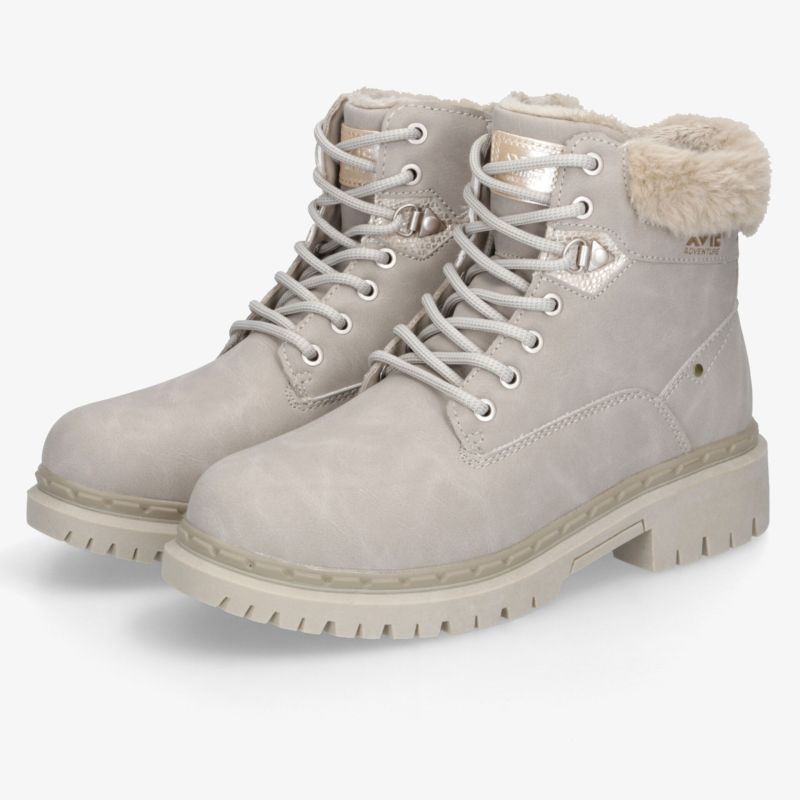 Warme und bequeme Winterstiefeletten mit robustem Material und rutschfester Sohle in hellem Grau, Paaransicht.