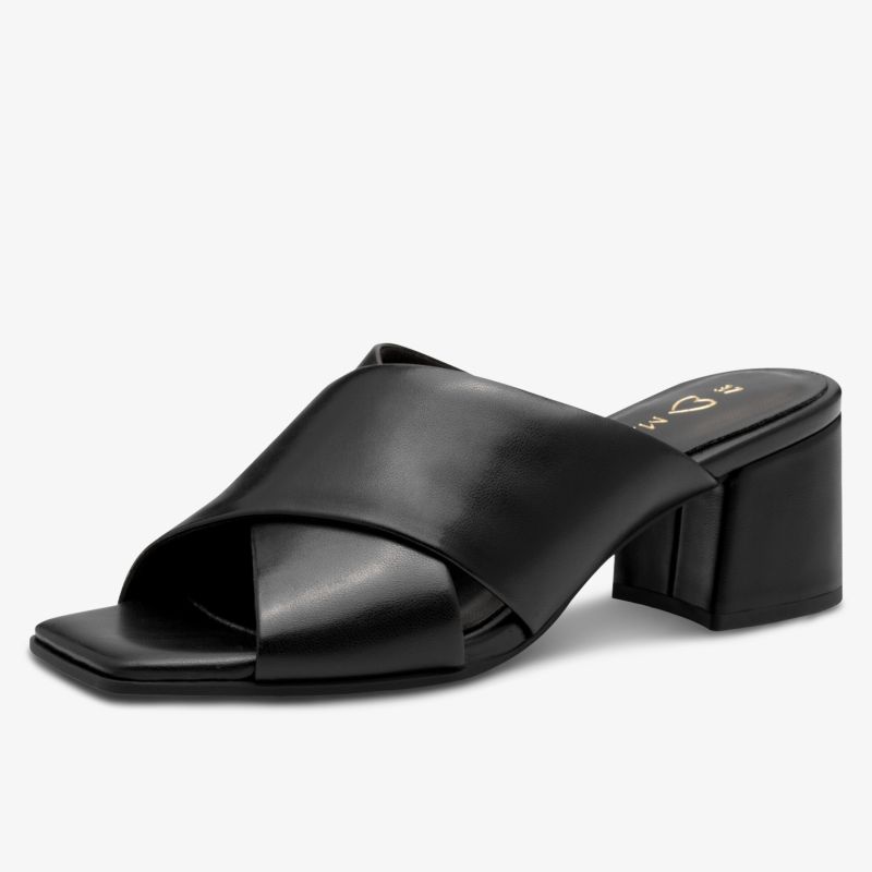Elegante schwarze Sandaletten mit breitem Blockabsatz und überkreuztem Riemen für stilvolle Anlässe.