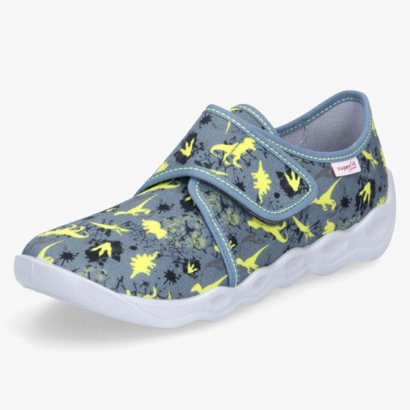 Bequemer Kinderschuh mit Klettverschluss in Grau und Gelb, flexible Sohle, Dinosaurier-Design, ideal für den Alltag