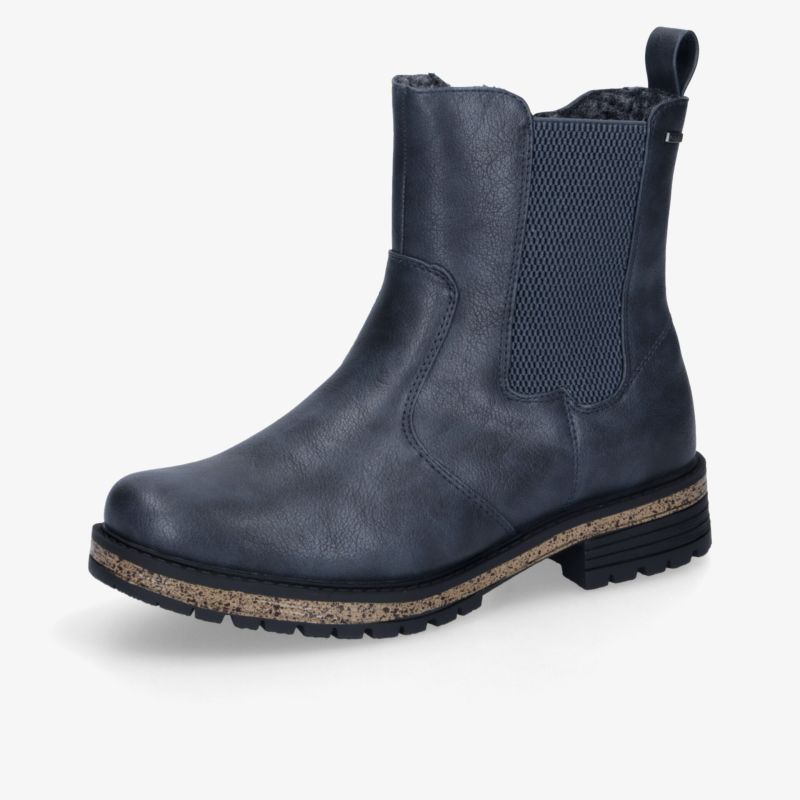 Blaugrauer Chelsea Boot aus hochwertigem Leder mit elastischem Einsatz und rutschfester Profilsohle, seitliche Ansicht