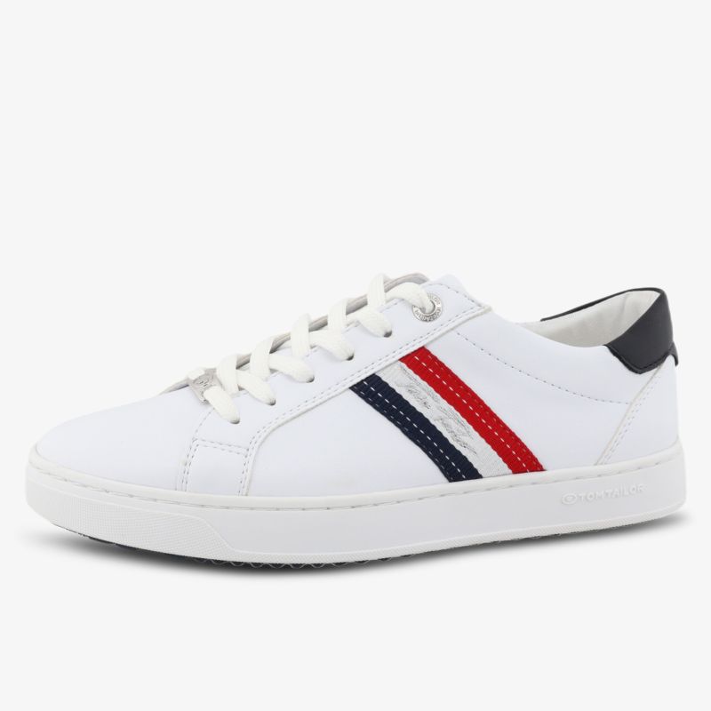 Weißer Sneaker aus Leder mit roten und blauen Streifen, komfortabel und sportlich im seitlichen Blickwinkel