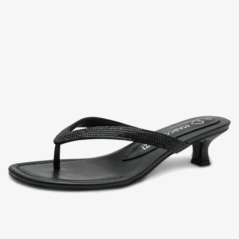Schwarze Sandale mit elegantem kleinem Absatz und feinen Riemchen, modisch und bequem