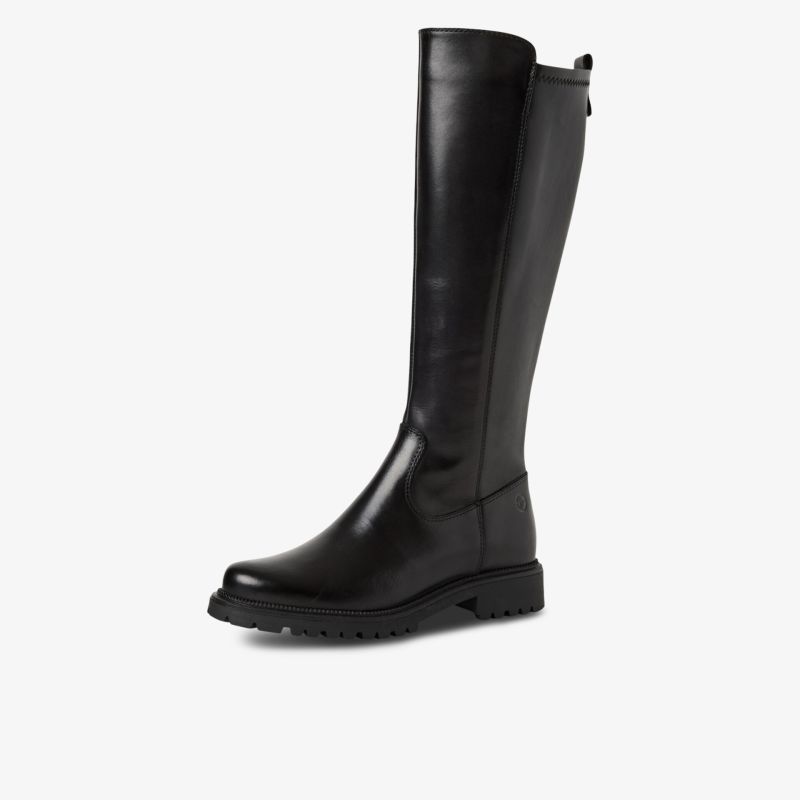 Moderner schwarzer hoher Stiefel aus Glattleder mit praktischem Reißverschluss und robustem Absatz