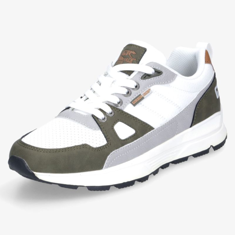 Moderner weißer Sneaker mit grauen und olivgrünen Akzenten, langlebiger Sohle und komfortablem Design für sportlichen Look