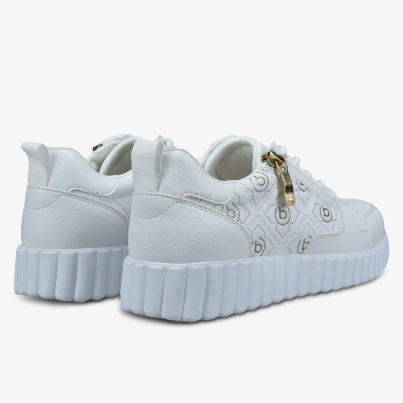 Stilvoller weißer Sneaker mit Plateau und goldenen Details, komfortabel für den Alltag.