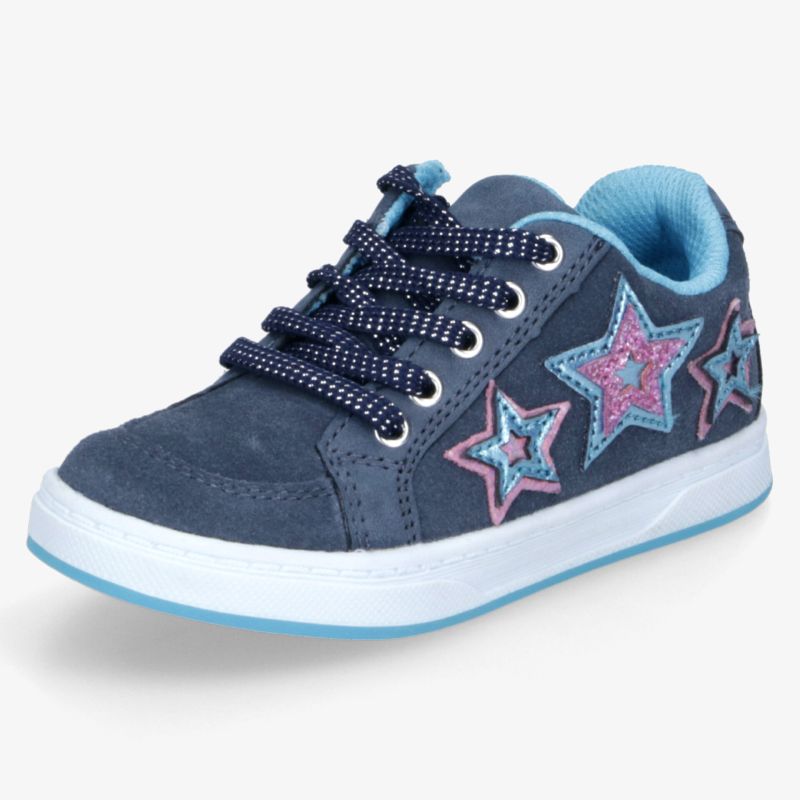 Bequemer blauer Kinderschuh mit weichem Innenfutter, robustem Sohlenprofil und bunten Sternmotiven