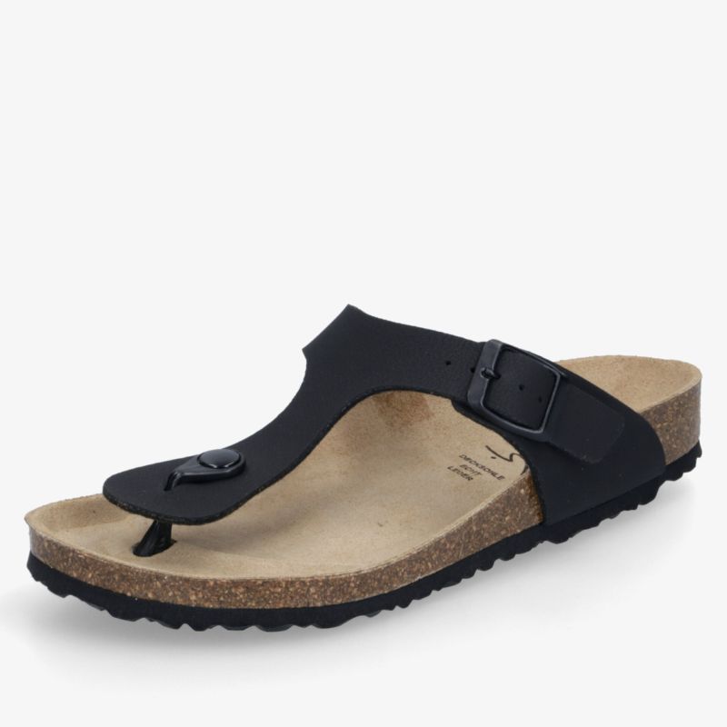 Komfortable schwarze Zehensteg-Sandale mit verstellbarem Riemen und ergonomischer, rutschfester Profillaufsohle