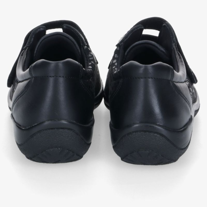 Robuste schwarze Halbschuhe mit gepolsterter Innensohle und rutschfestem Profil, Rückansicht