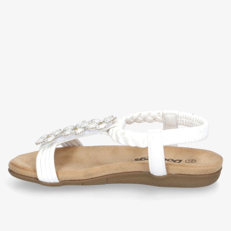 Elegante weiße Sandale mit elastischem Riemen und gepolsterter Sohle für hohen Komfort und modischen Stil.