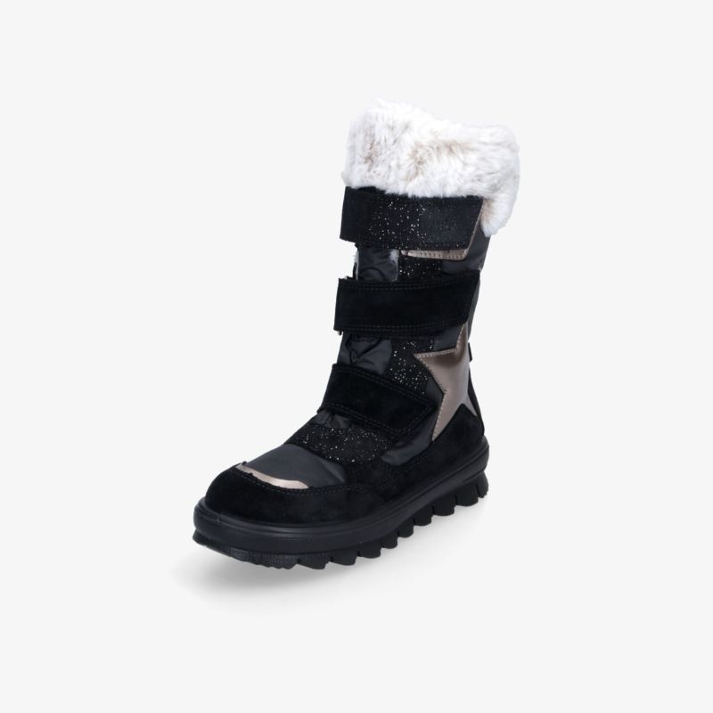 Schwarzer Winterstiefel mit weißem Fellkragen, rutschfester Sohle und praktischem Klettverschluss für sicheren Halt