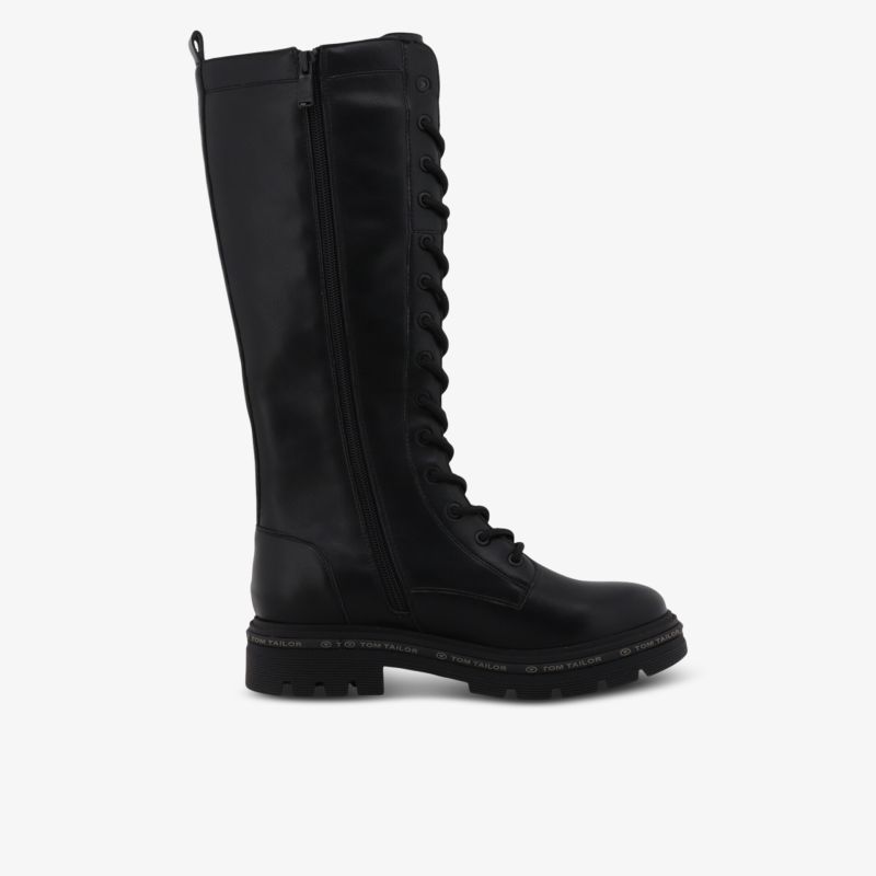 Kniehoher schwarzer Lederstiefel mit robuster Schnürung und stabilem Absatz, ideal für Komfort und Stil