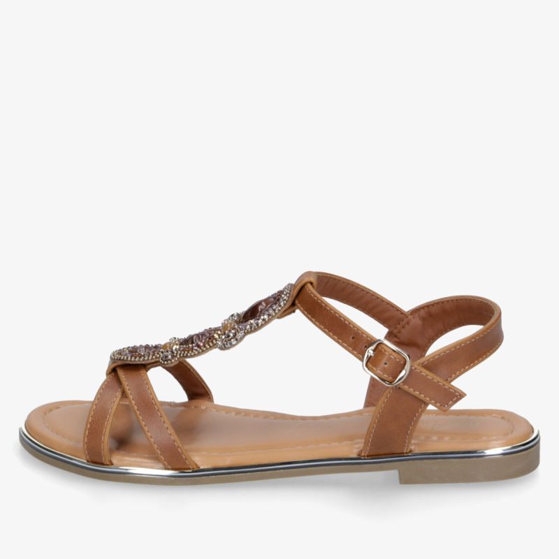Elegante braune Sandale mit verstellbarem Riemchen, flacher Sohle und gemütlichem Design für leichten Komfort
