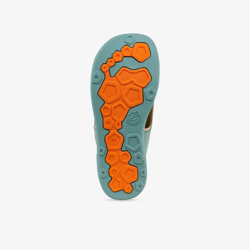 Robuste Sandale mit ergonomisch geformter, griffiger Sohle in Blau und Orange für besten Halt und Komfort.