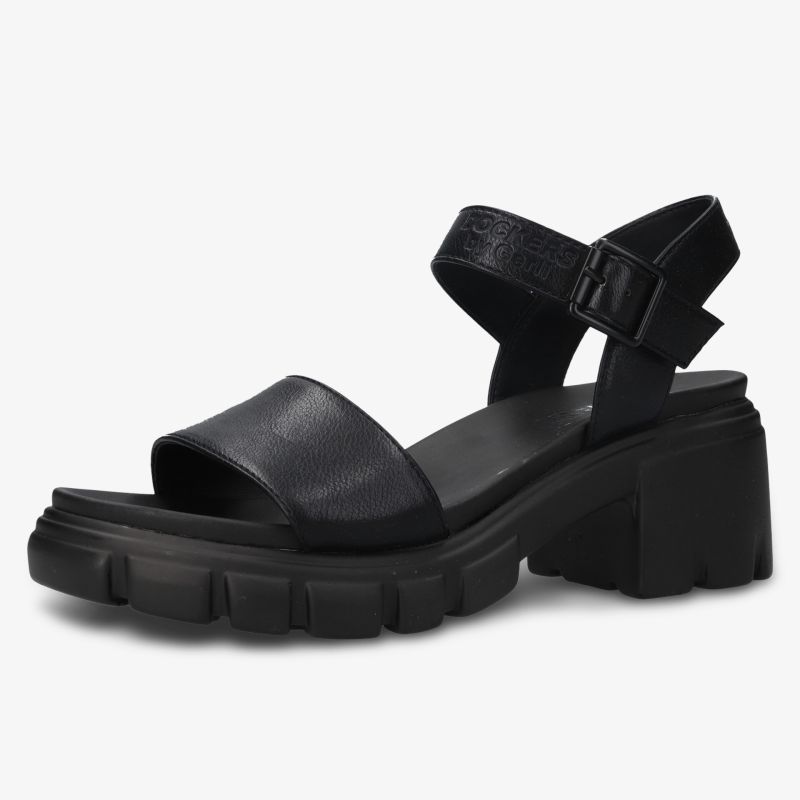Schwarze Sandale mit dicken Riemen, verstellbarer Schnalle und stabilem Blockabsatz mit grober Sohle
