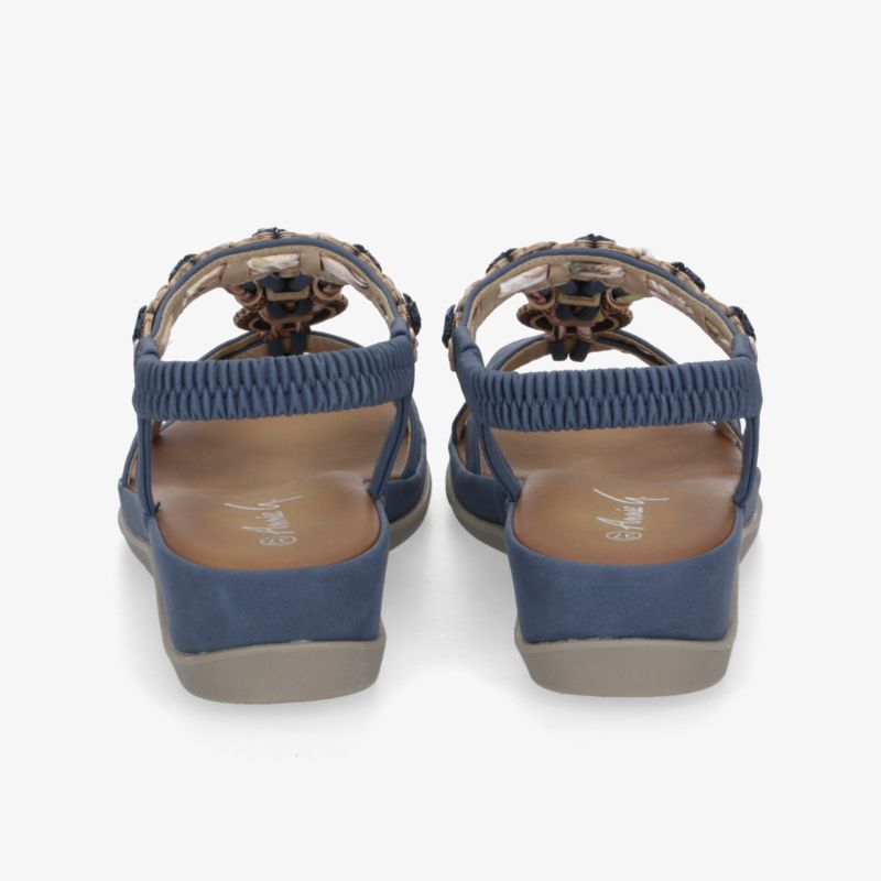 Bequeme blaue Sandalen mit elastischem Riemen und stabilem, rutschfestem Absatz, Rückansicht