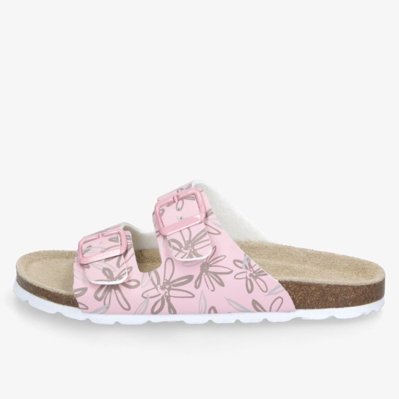 Rosa Schuh mit floralem Muster, zwei verstellbaren Riemen und bequemem Korkfußbett, leichte rutschfeste Sohle