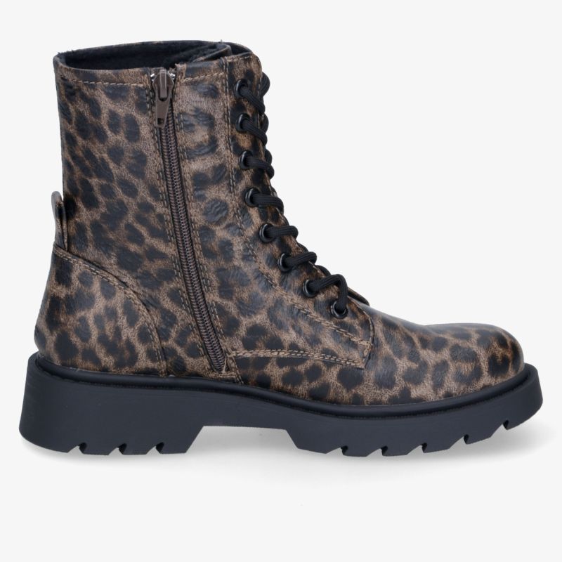 Robuster Schnürstiefel im Leopardenmuster mit seitlichem Reißverschluss und Profilsohle.