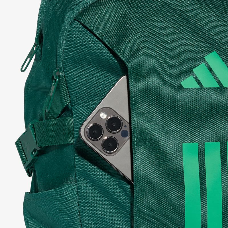 Grüner Rucksack mit sichtbarem Reißverschluss und Handyfach, robuster und funktionaler Stauraum