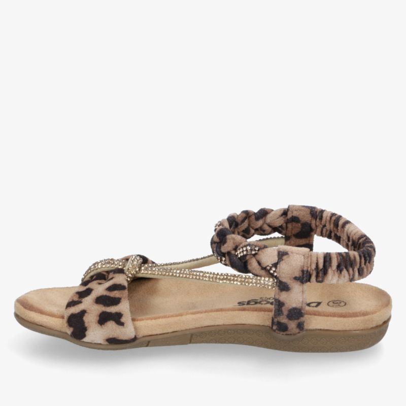 Leichte Sandale mit Leopardenmuster, bequemen Riemen und dekorativen Glitzersteinen, offene Zehen, flache Sohle