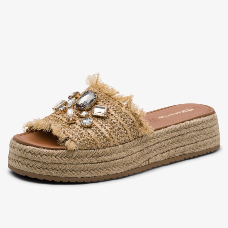 Plateau-Sandale mit Bast-Sohle und dekorativen Schmucksteinen, offener Schnitt für bequemen Sommer-Look