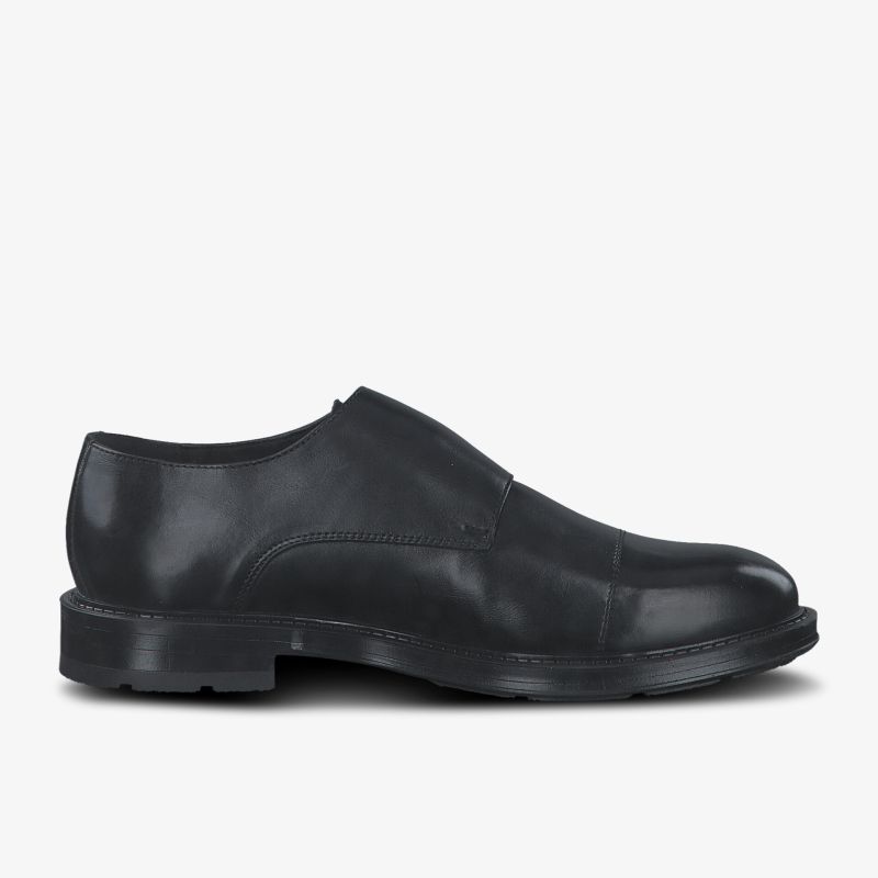 Eleganter schwarzer Lederschuh mit klassischem Design und robuster Sohle für formelle Anlässe.