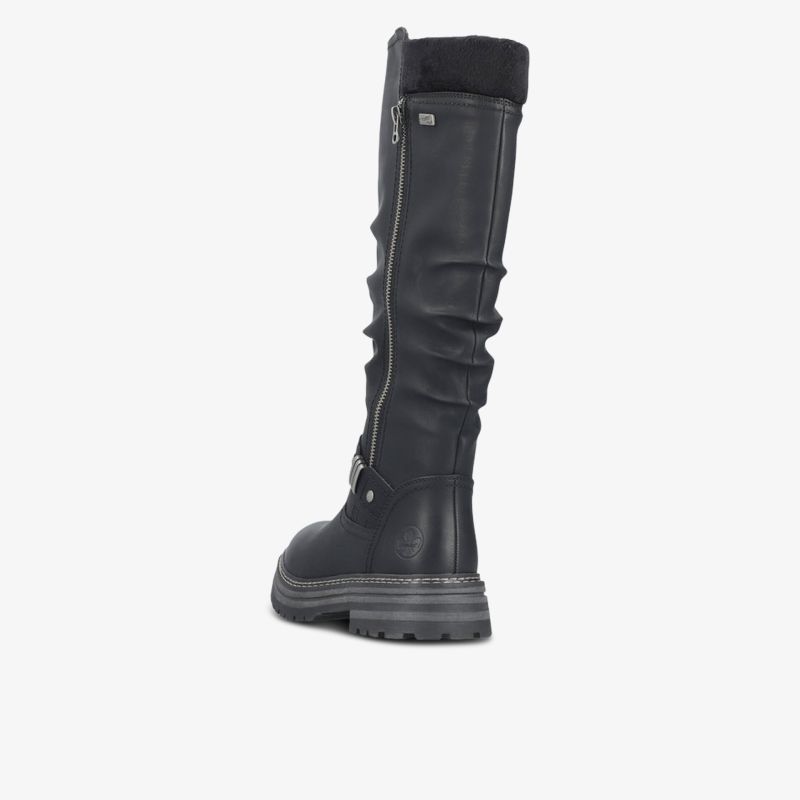 Knielanger schwarzer Stiefel aus Leder mit seitlichem Reißverschluss und profiliertem Laufsohlen-Design.