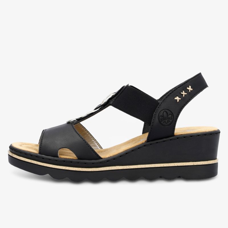 Bequeme Sandale mit Keilabsatz und verstellbarem Riemen in schwarzem Design, seitliche Ansicht