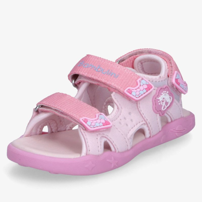 Rosa verstellbare Kindersandale aus weichem Material mit offener Zehenpartie und rutschfester Sohle