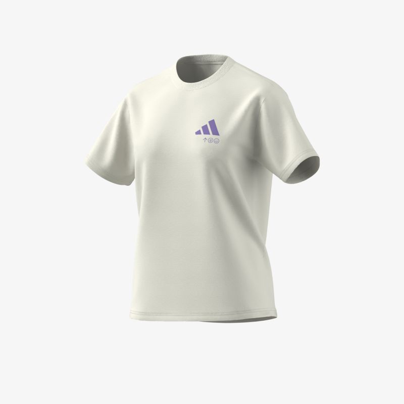 Weißes kurzärmeliges T-Shirt mit Adidas Logo, leichter Stoff und bequemer, sportlicher Schnitt in Frontansicht.