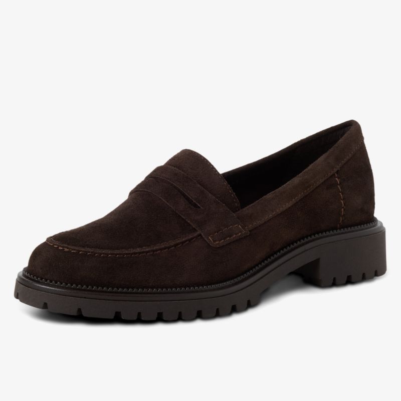 Dunkelbrauner Veloursleder Slipper mit profilierter Sohle und bequemem Schnitt, seitliche Ansicht