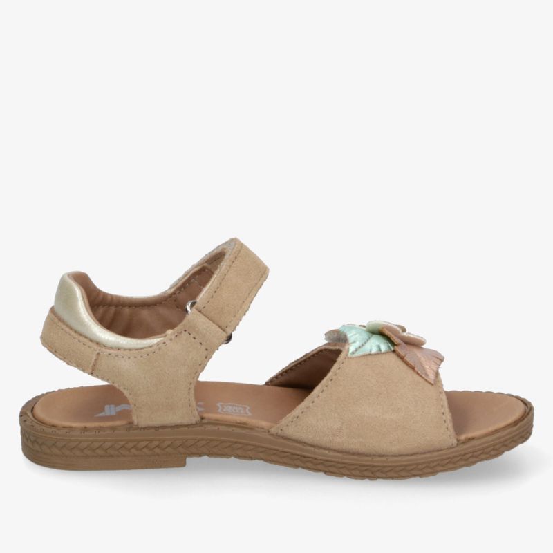 Bequemer beiger Sandalenschuh mit verstellbarem Klettverschluss und dekorativer Blumenverzierung, flexible Sohle