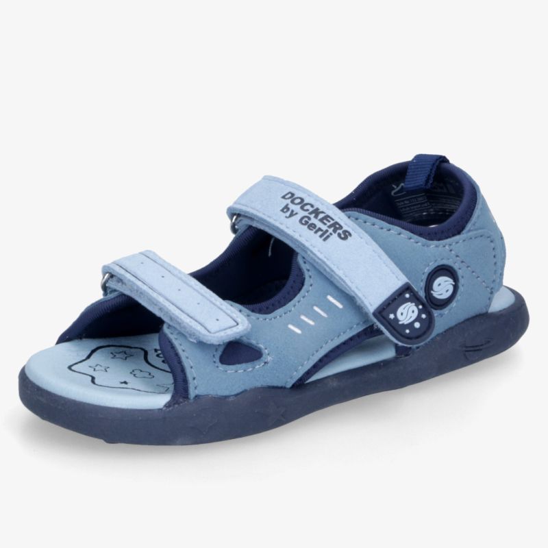 Leichte blaue Kindersandale mit verstellbaren Klettverschlüssen und weicher, flexibler rutschfester Sohle