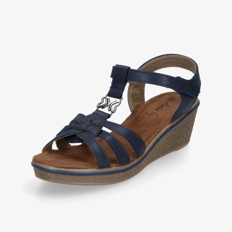 Komfortable blaue Sandale mit verstellbarem Riemen und leichtem Keilabsatz für sommerlichen Halt