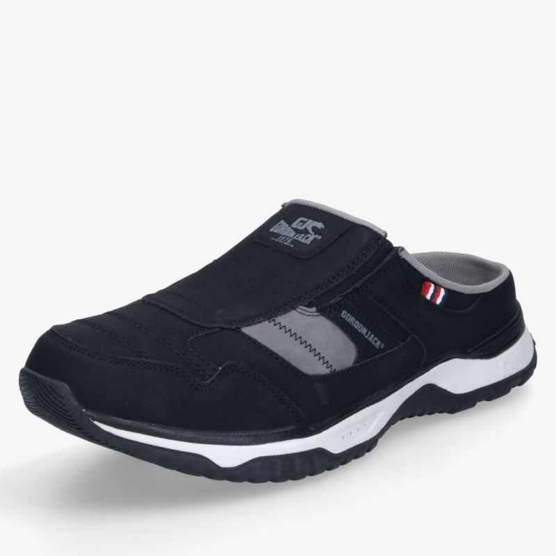 Leichter schwarzer Schlupfschuh mit sportlichem Design, gepolsterter Kragen und rutschfester Sohle für hohen Tragekomfort