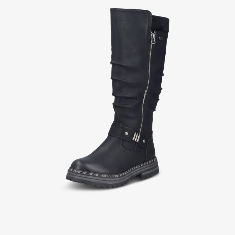 Schwarzer modischer Stiefel mit seitlichem Reißverschluss und robuster Profilsohle für sicheren Halt