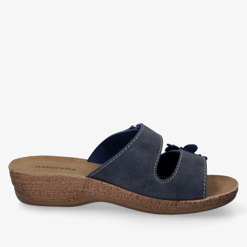 Bequemer blauer Slipper mit offener Passform und leichtem Absatz, rutschfeste braune Sohle, angenehm zu tragen