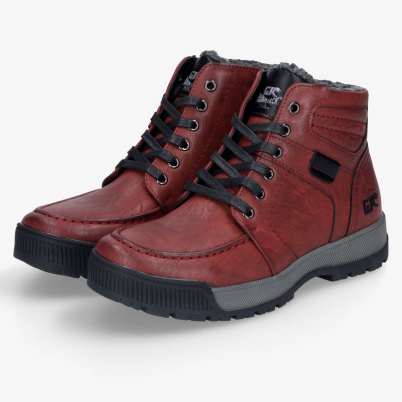 Rotes Paar Winterstiefel mit warmem Innenfutter, robusten Sohlen und schnürbarer Passform für sicheren Halt