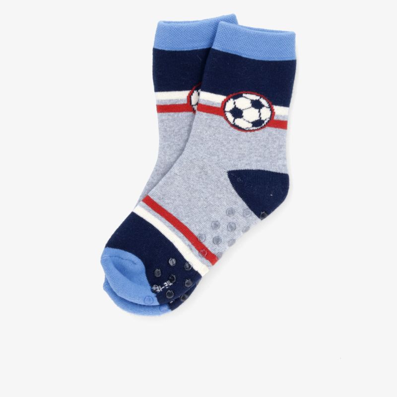 Kinder Socken mit Fußballmotiv, rutschfesten Sohlen und bequemen Bündchen in blau-grau mit rot-weißen Streifen