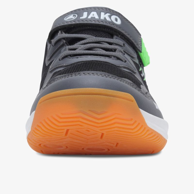 Robuster Sportschuh mit rutschfester, orangener Gummisohle und atmungsaktivem Obermaterial, frontale Ansicht