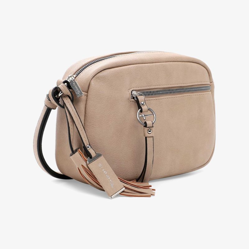 Beige kompakte Umhängetasche mit Reißverschlussfach und dekorativer Quaste, modernes und praktisches Design