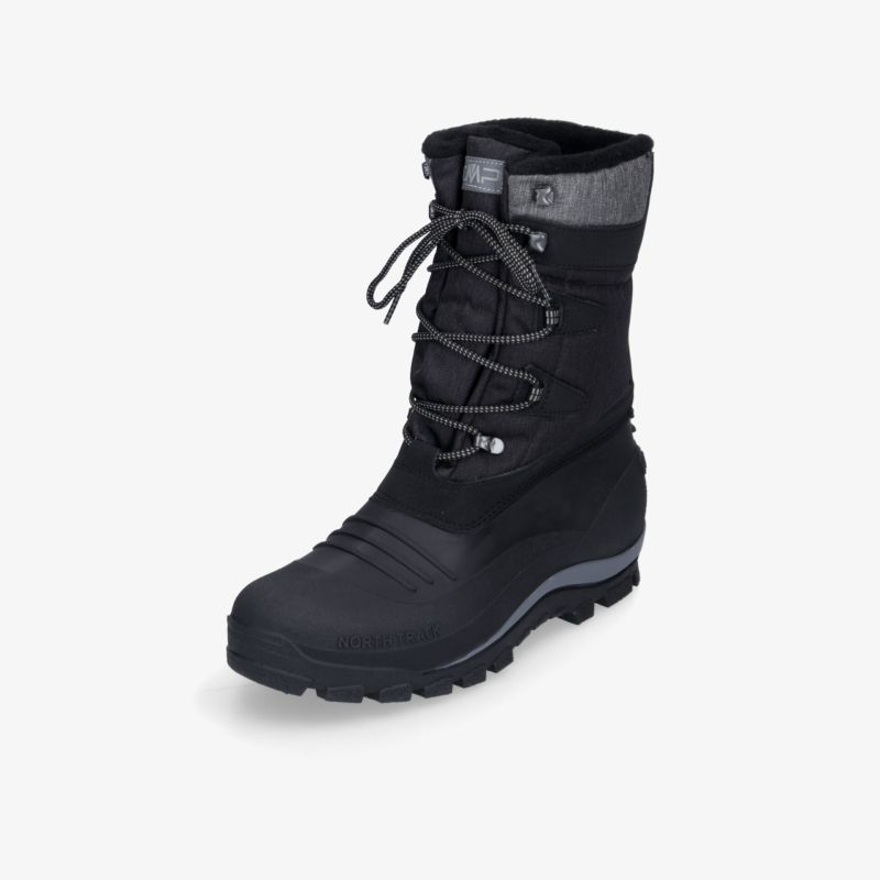 Schwarzer, warmer Winterstiefel mit robuster Sohle und isolierter Innenausstattung für optimalen Tragekomfort.